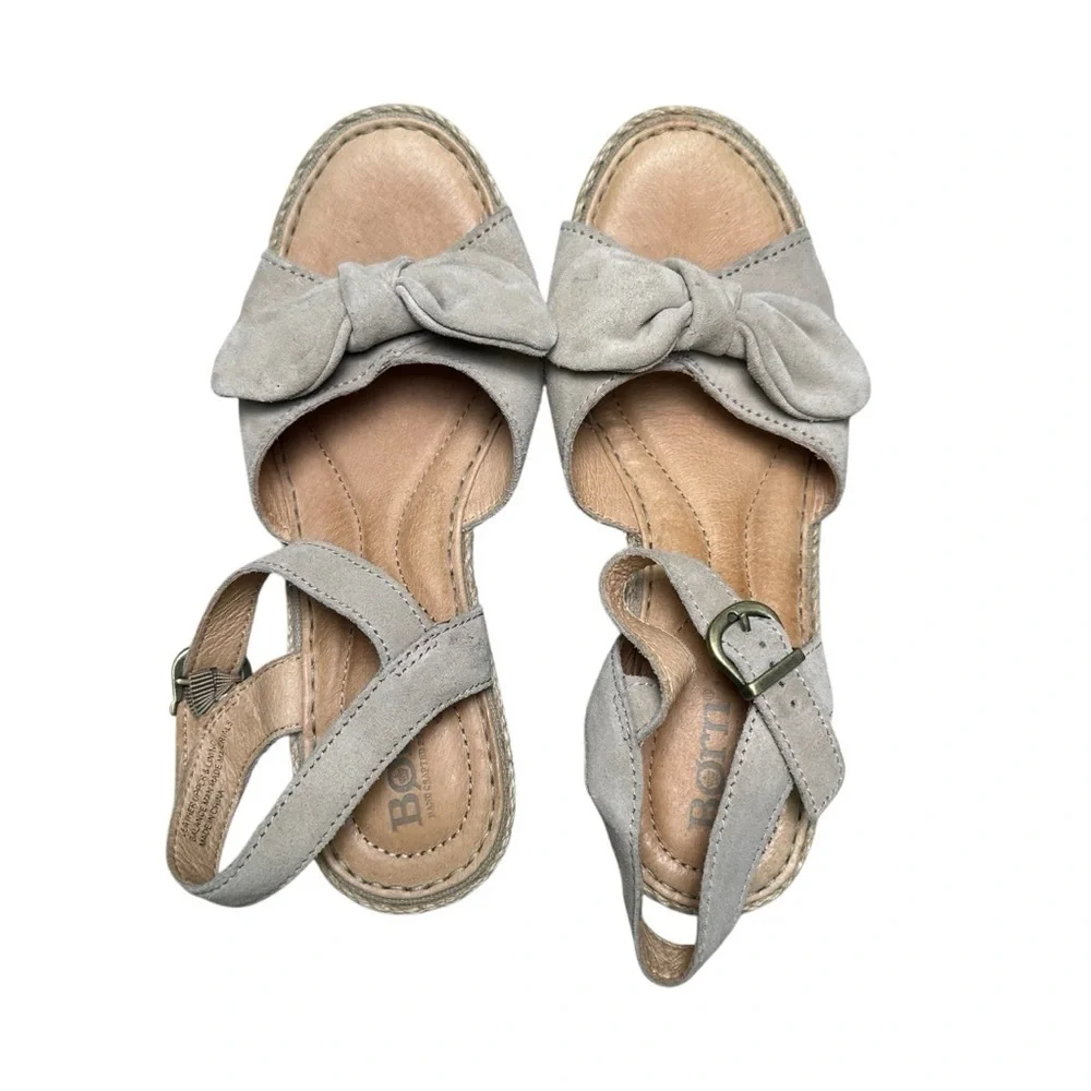 Born Women’s 7 Beige Bow Espadrille Leather Open Toe Wedge Sandal